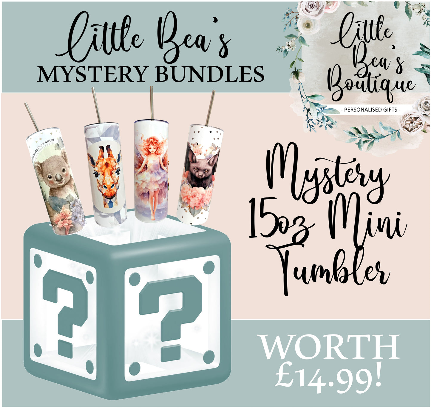 MINI 15OZ MYSTERY TUMBLER | Worth £15 | Drinkware & Stationery, Tumbler Water Bottle, Surprise Blind Tumbler - Tumbler Only